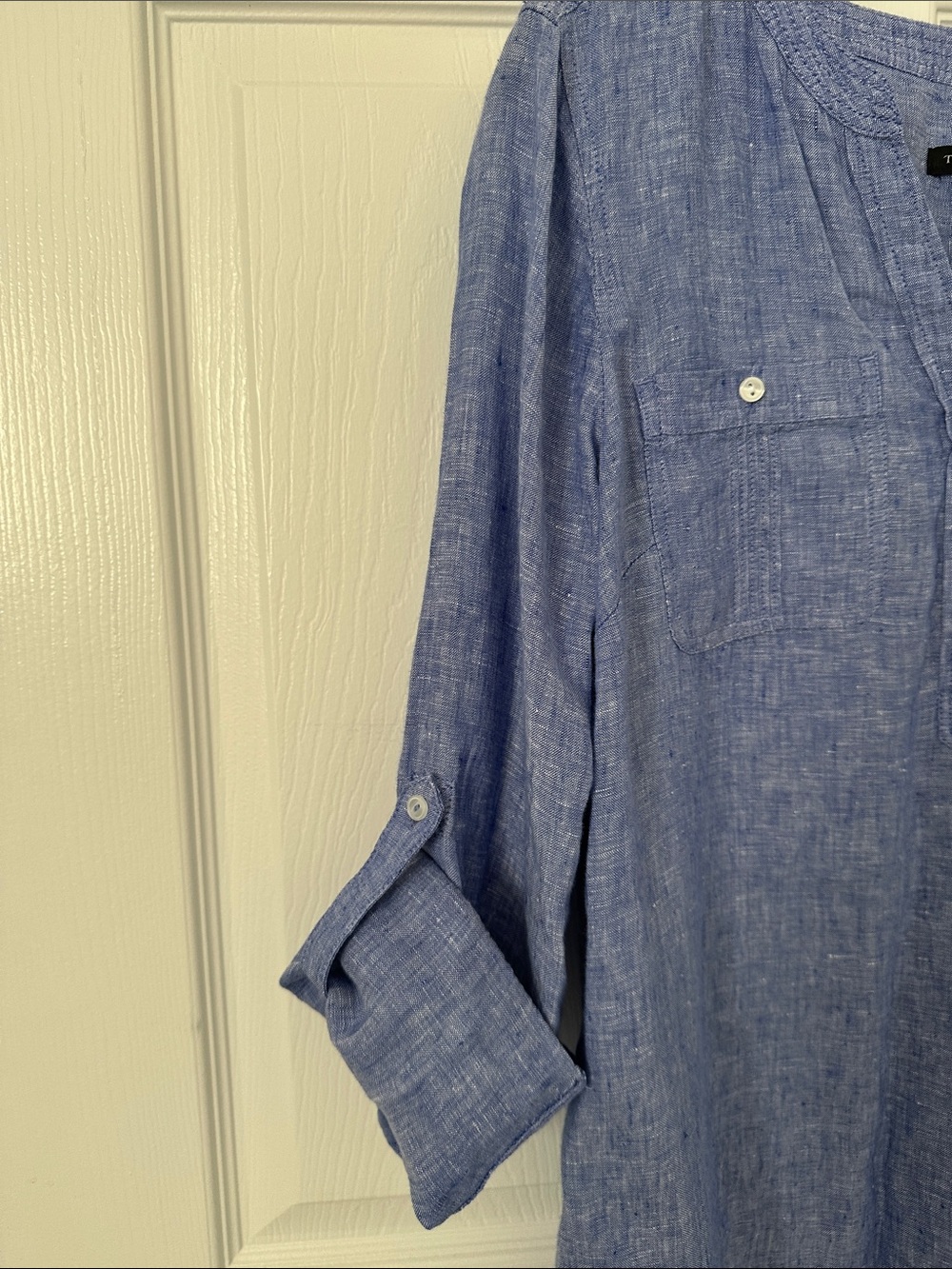 Talbots Chambray Blue Linen Button-Front Camp Shirt - Picture 4 of 8